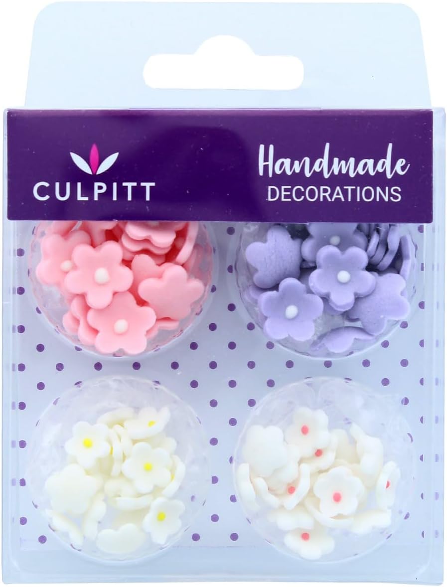 Culpitt Mini Flowers Assorted Sugar Pipings, 6mm and 10mm Sugar Paste Flowers with Royal Icing Centre, Decoration for Cupcakes and Cakes, Pack of 100 Pink