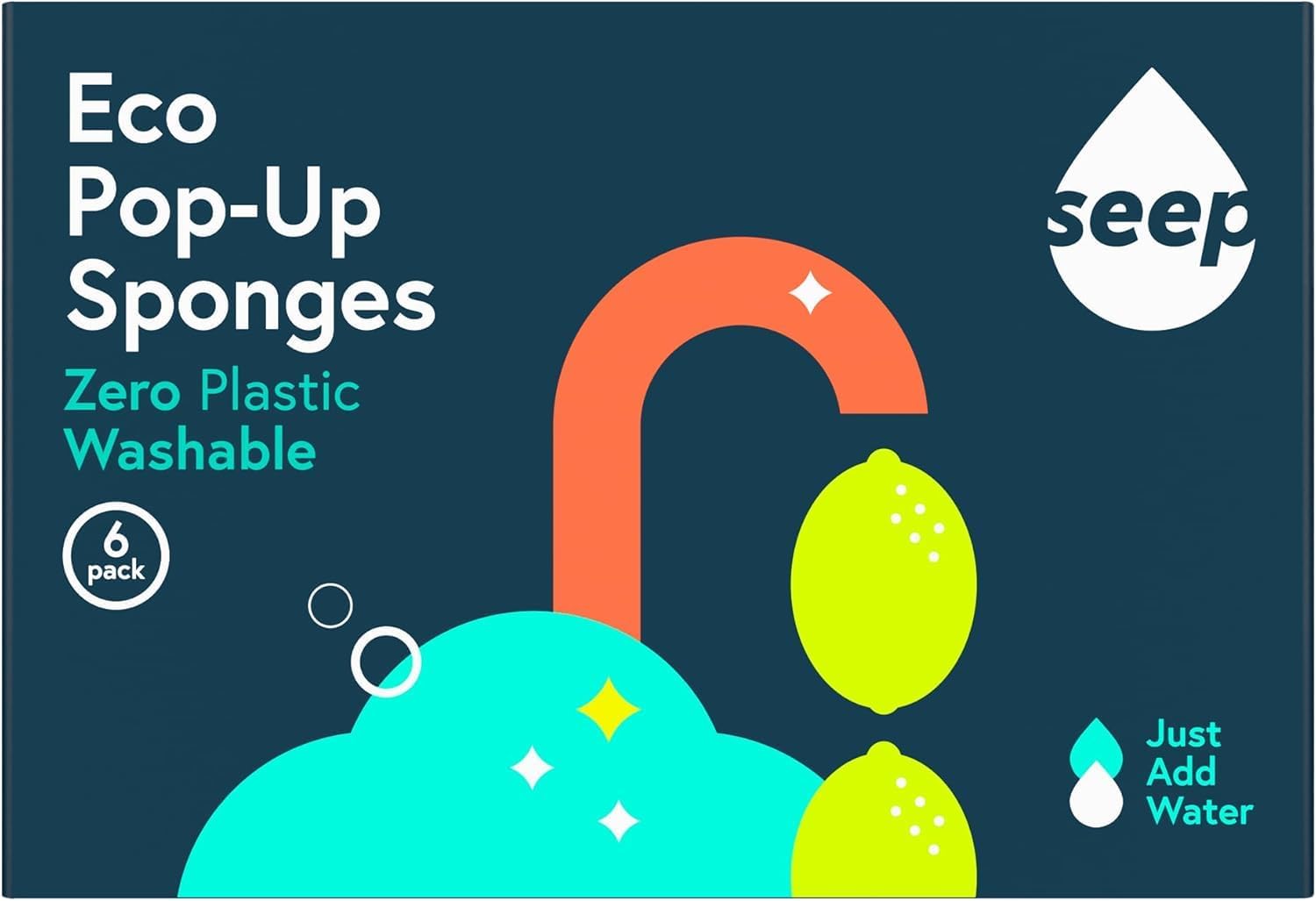 Seep Pop-up Eco Cleaning Sponges - for Kitchen Bathroom Dishwashing Washing Up - Plastic Free - 100% Natural Cellulose - Compostable - 6 Pack