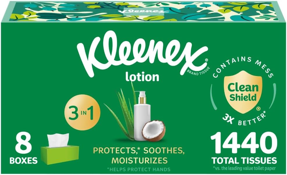 Kleenex Lotion Facial Tissues with Coconut Oil, 8 Flat Boxes, 180 Tissues Per Box, 3-Ply