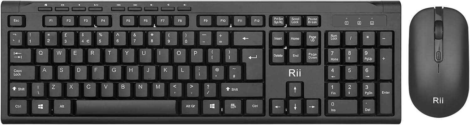Rii Wireless keyboard and Mouse,Standard Full Size Wireless Keyboard and Mouse for Work Office Home UK Layout (Battery not Included)