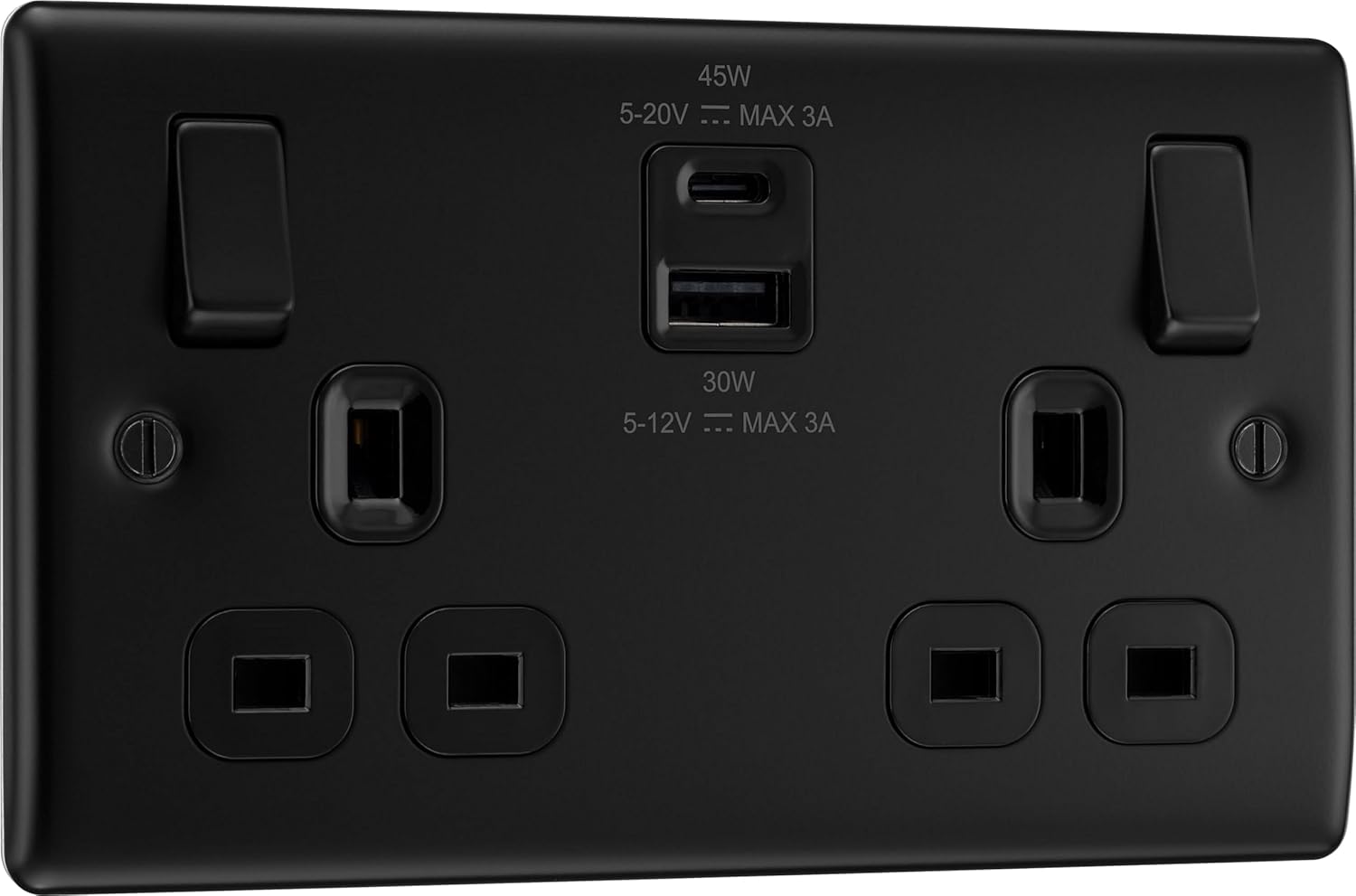 BG Electrical Double Switched Power Wall Plug Socket with Super Fast Charge Type A & Type C USB Ports, Nexus Metal, Matt Black, 13A, 45W, NFB22UAC45B