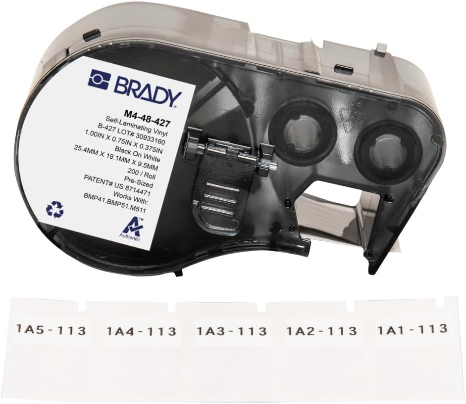 Brady Self-Laminating Vinyl Pre-Sized Labels for Label Printer BMP41/BMP51/BMP53/M511-200 Self Adhesive Printer Labels - Black on White, Transparent (19,05 mm (W) x 25,40 mm (H)) - M4-48-427