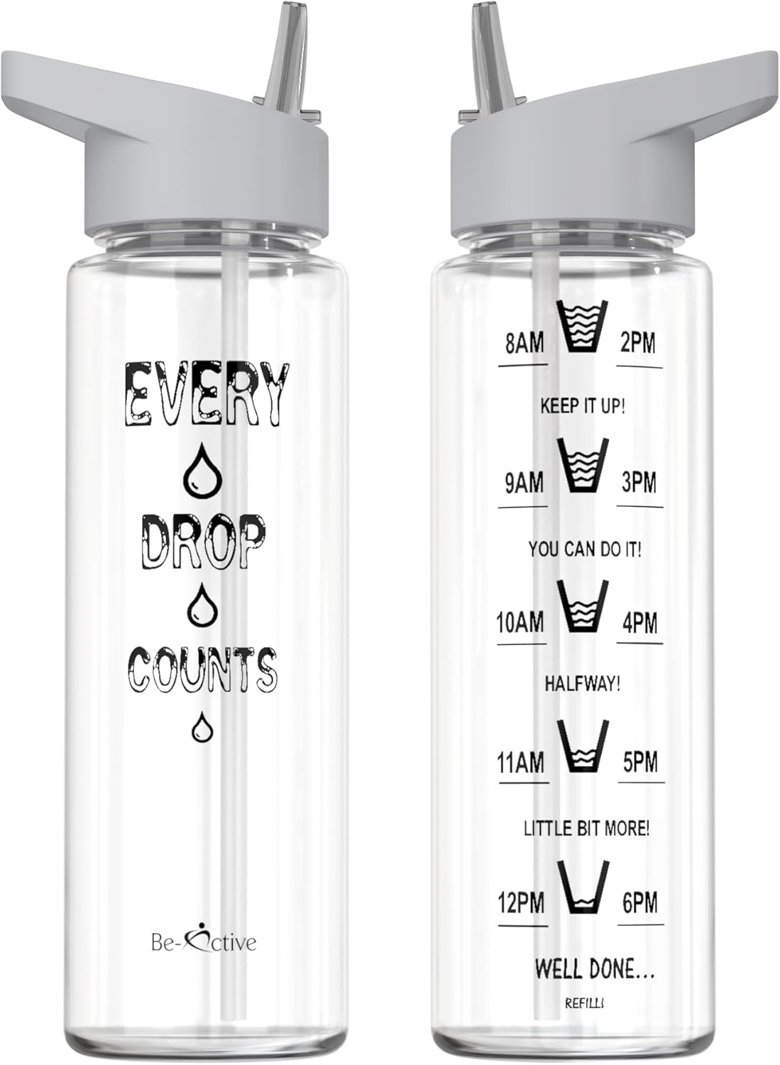 Be-Active Motivational Water Bottle with Straw – With Time Markings - Times to Drink – Tracker - BPA Free