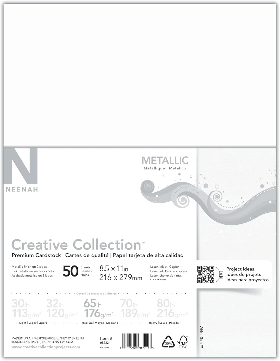 Neenah Metallics FSC Certified Paper, 8 1/2" X 11", White Gold, Pack of 50 Sheets