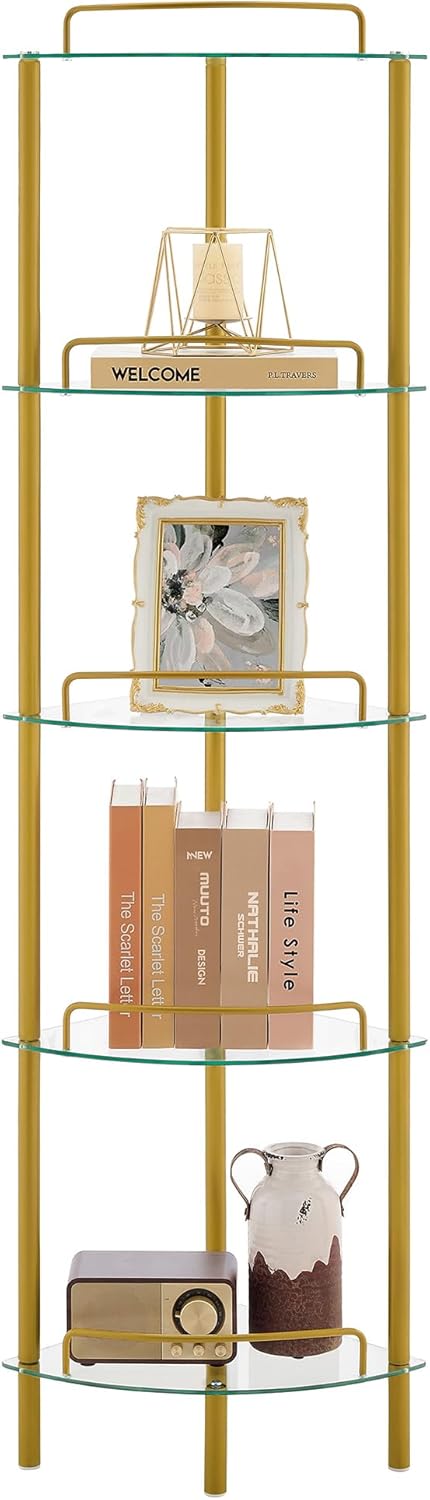 5-Tier Corner Shelf Stand, Gold Corner Bookshelf, Bathroom Organizer, Plant Stand, Tempered Glass Shelves, Modern Style for Living Room, Bedroom, Kitchen, Home Office, Metallic Gold