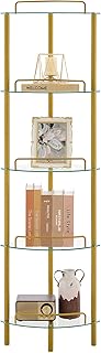 5-Tier Corner Shelf Stand, Gold Corner Bookshelf, Bathroom Organizer, Plant Stand, Tempered Glass Shelves, Modern Style for Living Room, Bedroom, Kitchen, Home Office, Metallic Gold