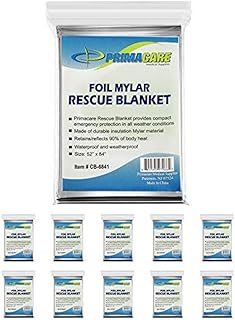 Primacare HB-10 Emergency Foil Mylar Thermal Blanket (Pack of 10), 52" Length x 84" Width, Silver