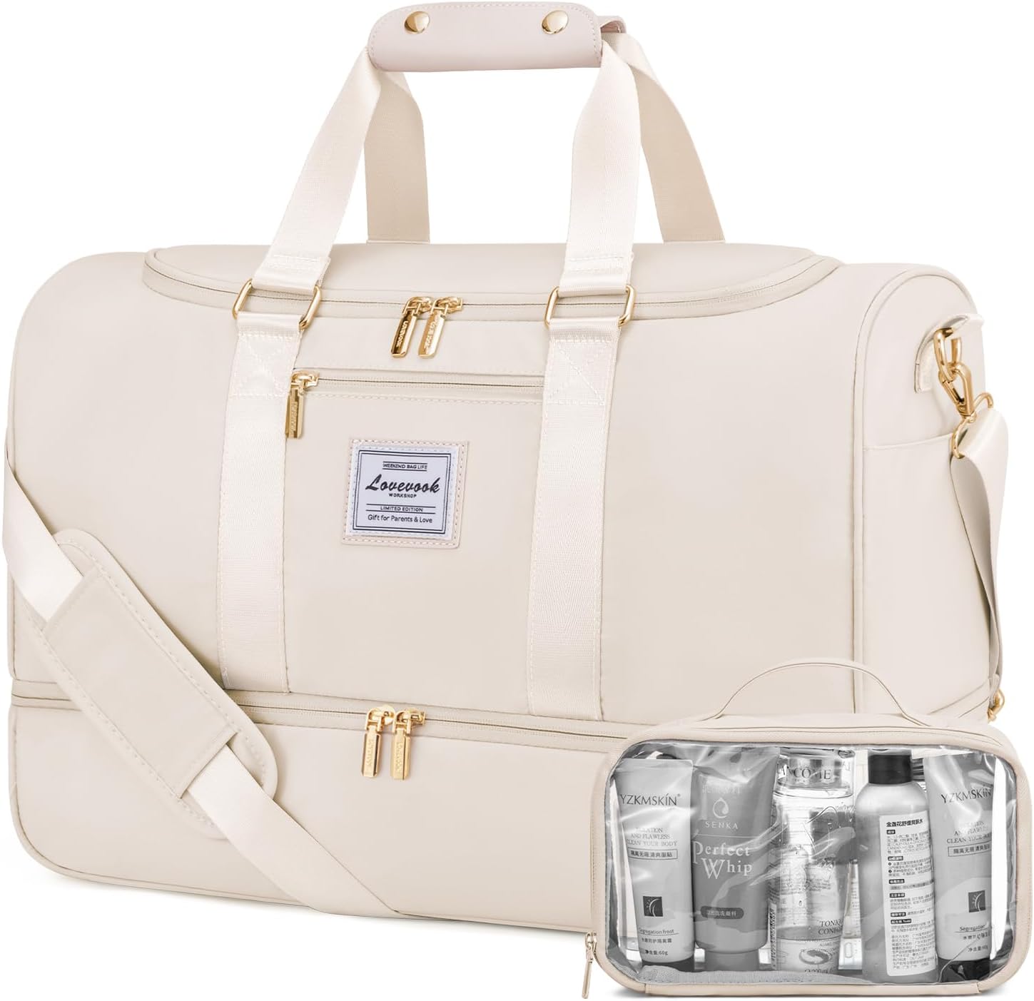 LOVEVOOK Travel Bag for Women: Waterproof Weekend Overnight Holdall Duffle with Toiletry Bag, Shoe Compartment & Wet Pocket, Cabin Carry On Hand Luggage for Travel Sports, Beige