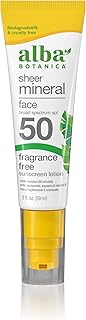Alba Botanica Sunscreen for Face, Fragrance-Free Sheer Mineral Face Sunscreen Lotion, Broad Spectrum SPF 50, Water Resistant and Biodegradable, 2 fl. oz. Bottle (Packaging May Vary)