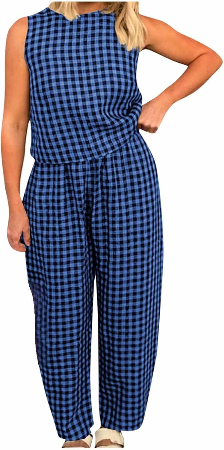 NSICBMNO Co Ord Sets For Women Summer Lounge Wear Sets Plaid Pyjamas Sleeveless Vest Tops Baggy Trousers 2 Piece Outfits Checked Pj Bottoms Cotton Tops Casual Tracksuit Gym Outfits Streetwear