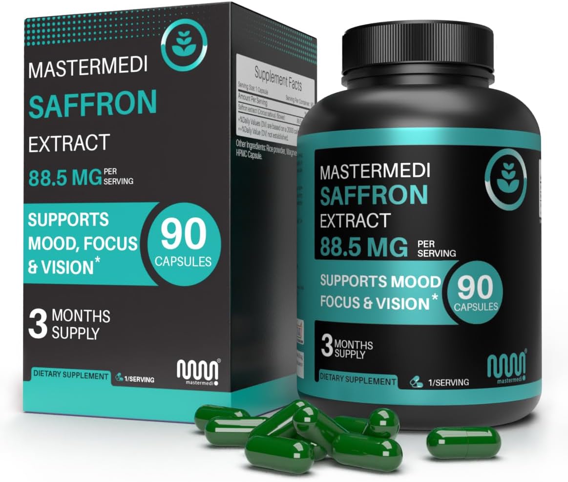 mastermedi Saffron Capsules 88.5mg – Mood, Focus & Vision Support – 90 Vegan Capsules | 3-Month Supply | Plant-Based Saffron Extract (Crocus sativus)
