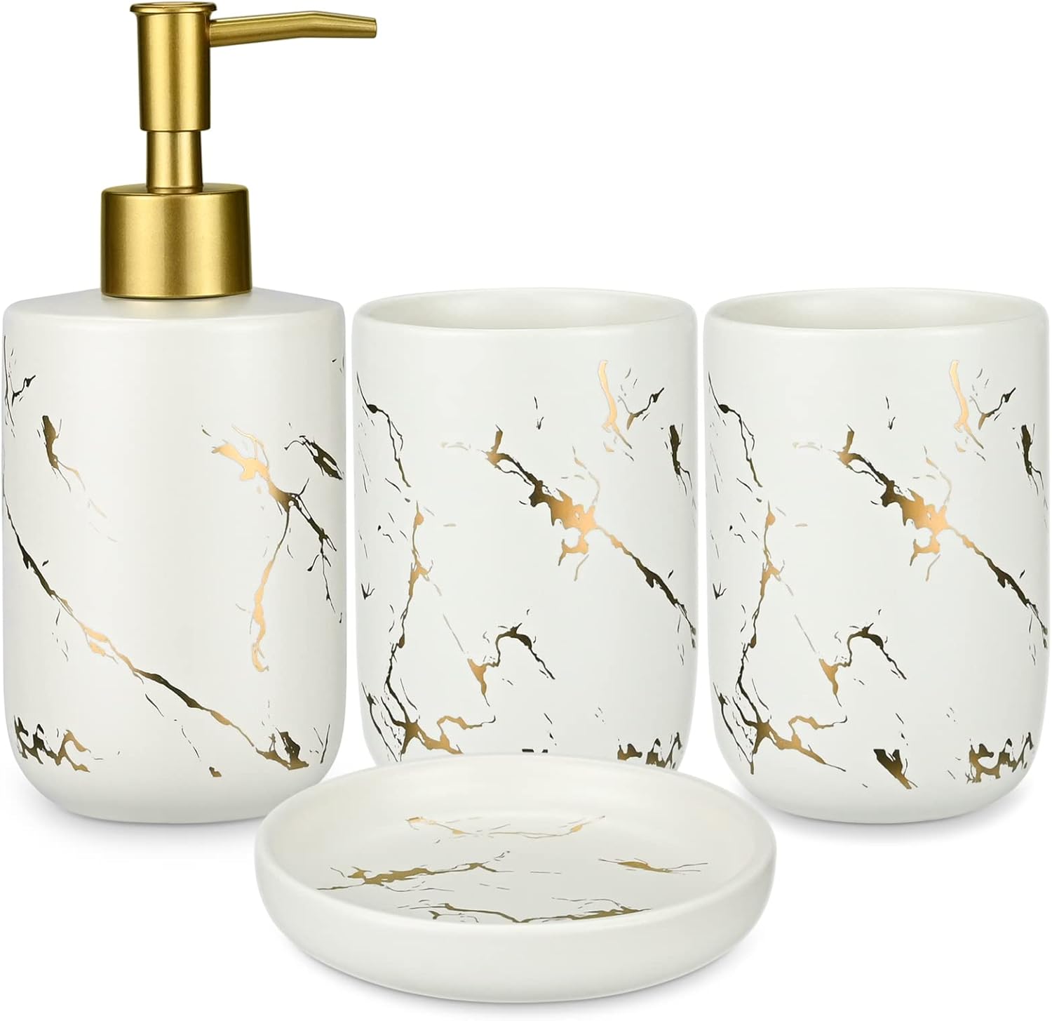 JTOOYS Bathroom Accessories Set, 4 Pcs Ceramic Bath Accessory Set Luxury Marble 2Pcs Toothbrush Holder/Tumbler + Liquid Soap or Lotion Dispenser Dish (White), White - 4pcs (JTOO-3309)