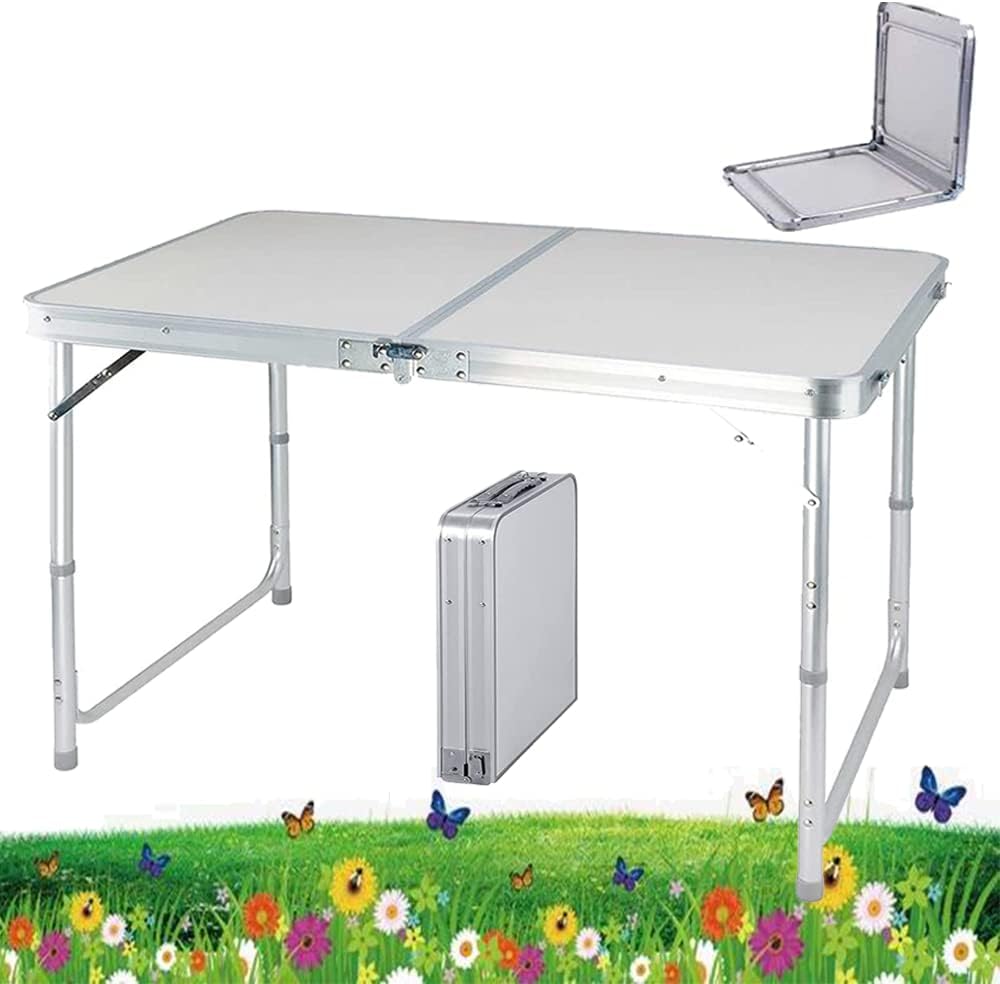 YouseaHome 4ft Pop-Up Trestle Table Aluminum Rectangle Camping Folding Table Portable Adjustable Garden Outdoor Picnic Table Kitchen Work Top Table, White, 120x60x70/62/55cm