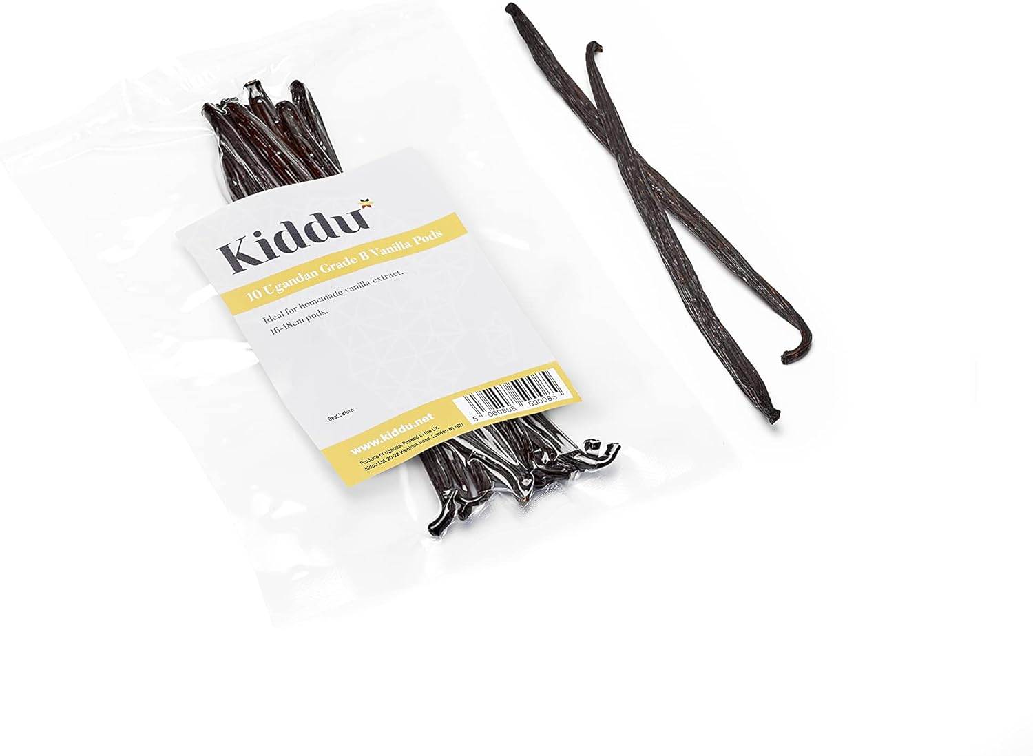Kiddu - 10 Whole Grade B Vanilla Pods, Ideal for Homemade Extract, Vacuum Packed, 16cm - 18cm