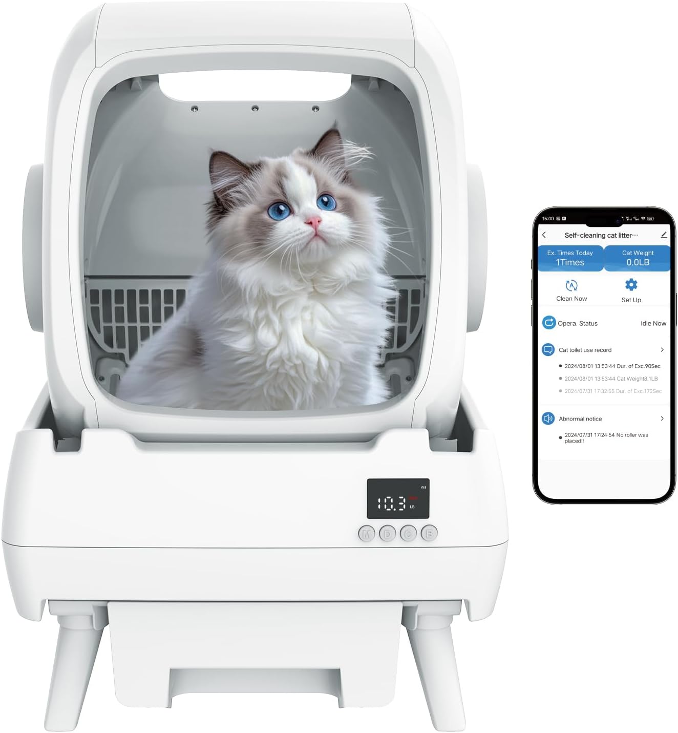 Automatic Cat Litter Box Self Cleaning - App Control, Cat Toilet Records, Suitable for Big Cats, Medium Cats, Kittens and Multi-Cat Families, Anti-Pinch, Low Noise【Assembly Required】- White