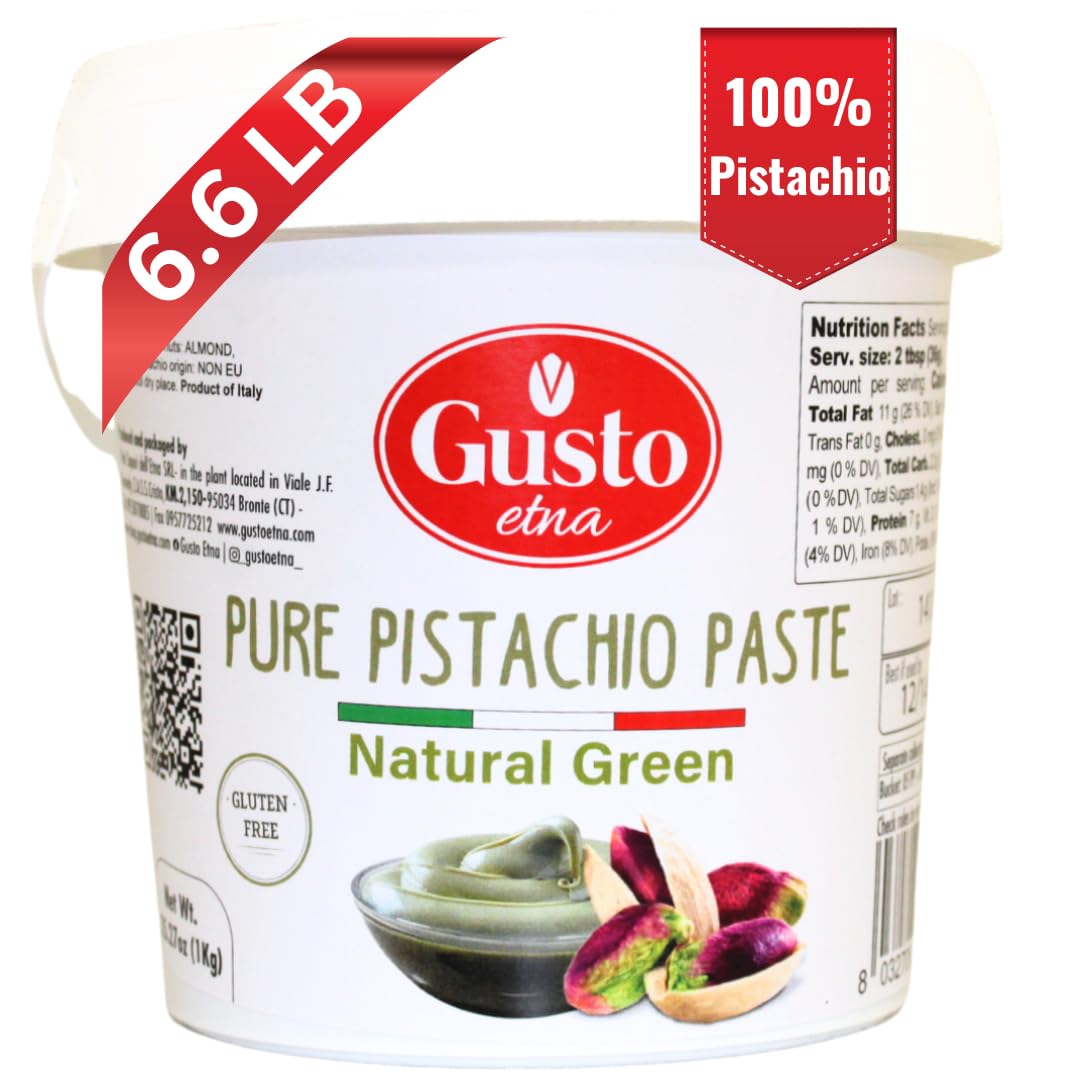 GUSTO ETNA Pure 100% Pistachio Paste Bucket, Unsweetened, 6.6 lb (3 kg) | Italian pistachio paste and nut spread for baking and fillings, no sugar, no artificial colors, Product of Sicily. Italy