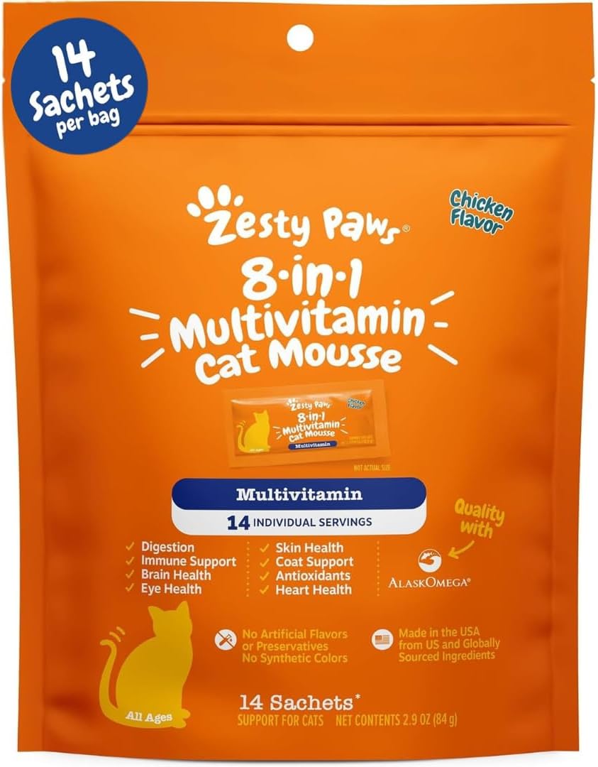 Zesty Paws 8-in-1 Multivitamin Cat Vitamins & Supplements Mousse - Cat Vitamins for Indoor Cats - Healthy Treat Squeeze Up for Gut, Immune, Heart, Skin & Coat Support - Chicken 14ct
