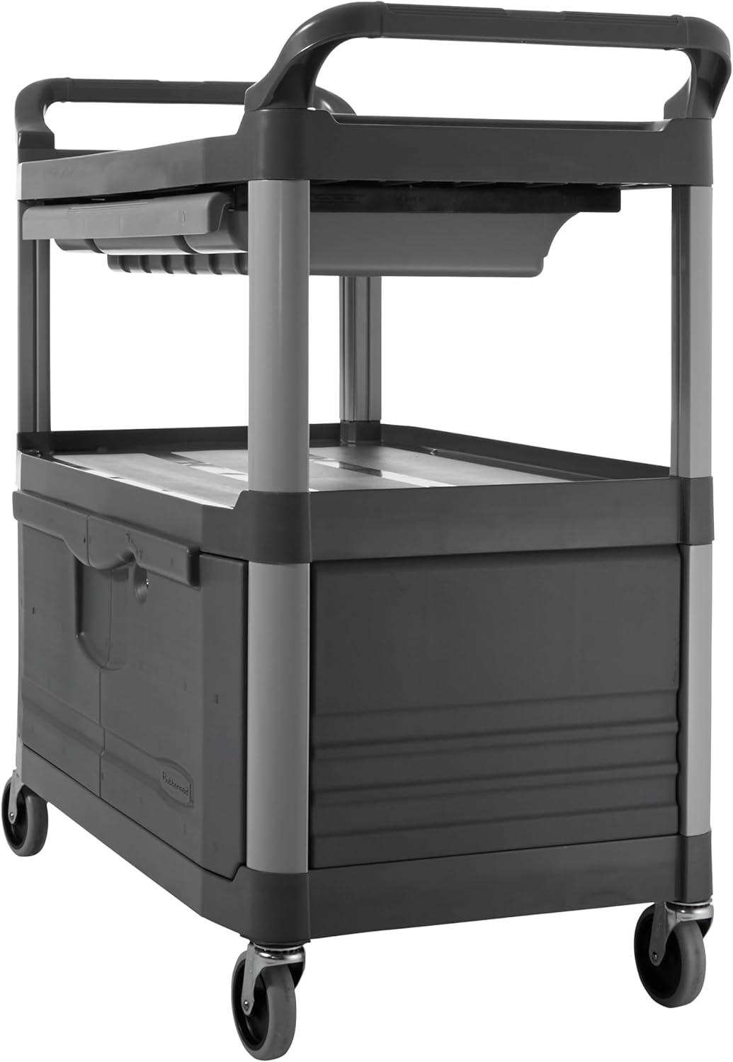 Rubbermaid Commercial Products Heavy Duty 2-Shelf Rolling Service/Utility/Push Cart with Lockable Doors and Sliding Drawer 300 lb. Capacity Black for Maintenance/Restaurant/Cleaning