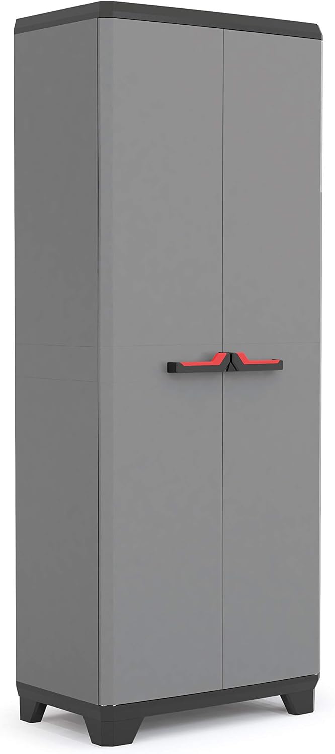 Keter Stilo High Indoor Garage Utility Multi purpose Cabinet - Grey/Black/Red
