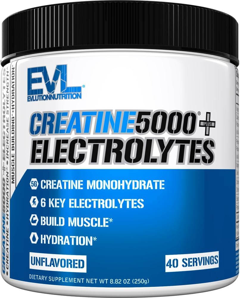 Evlution Nutrition Creatine 5000 + Electrolytes - Supports Faster Recovery, Lean Muscle Growth & Hydration - 5g Creatine Monohydrate & 6 Key Electrolytes Per Serving - 40 Servings - Unflavored Powder