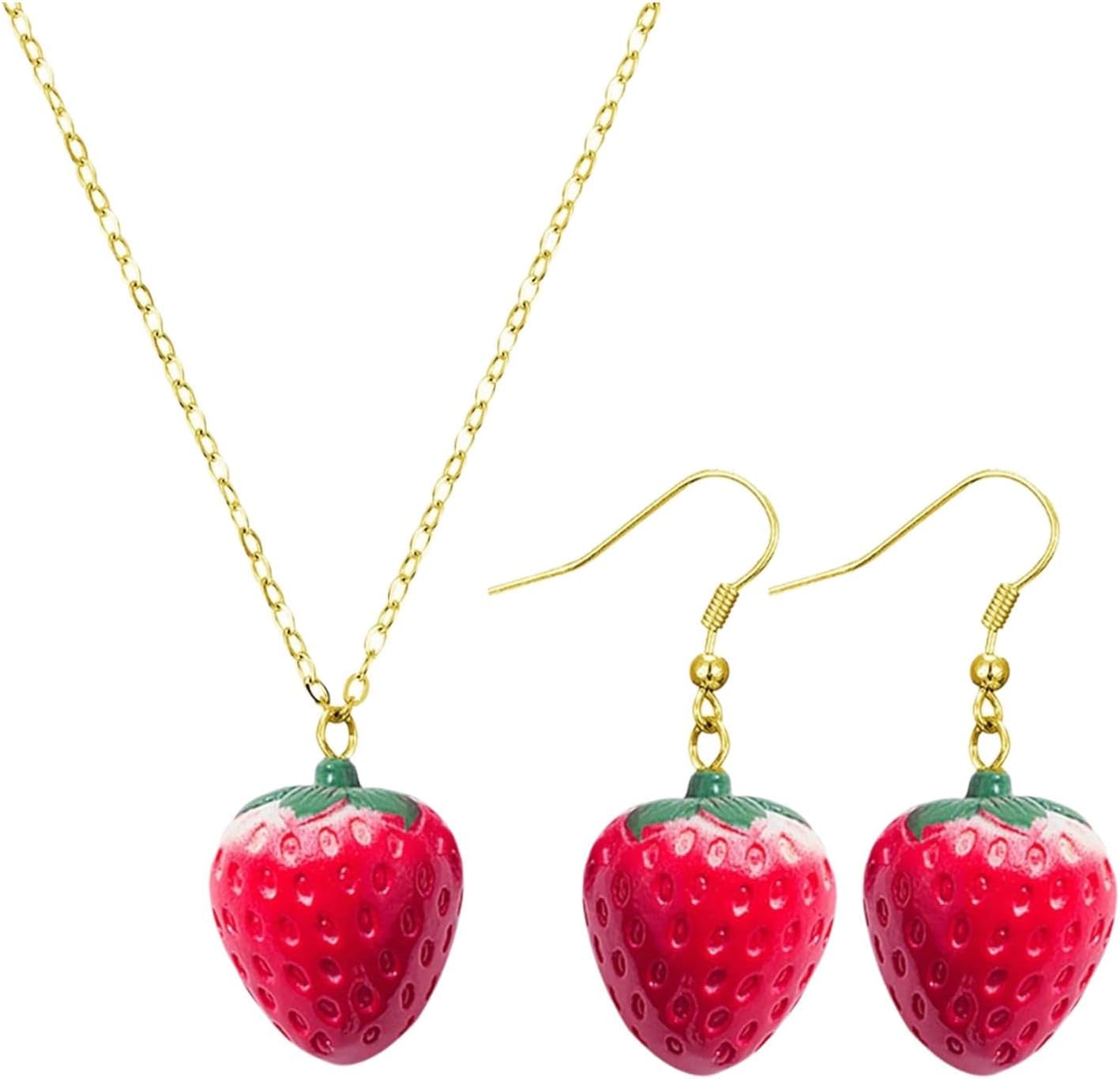 QIHUAN 1 Pair of Strawberry Earrings and 1 Piece of Strawberry Necklace, Creative Styling Jewelry, Cute Jewelry, Women's Jewelry.
