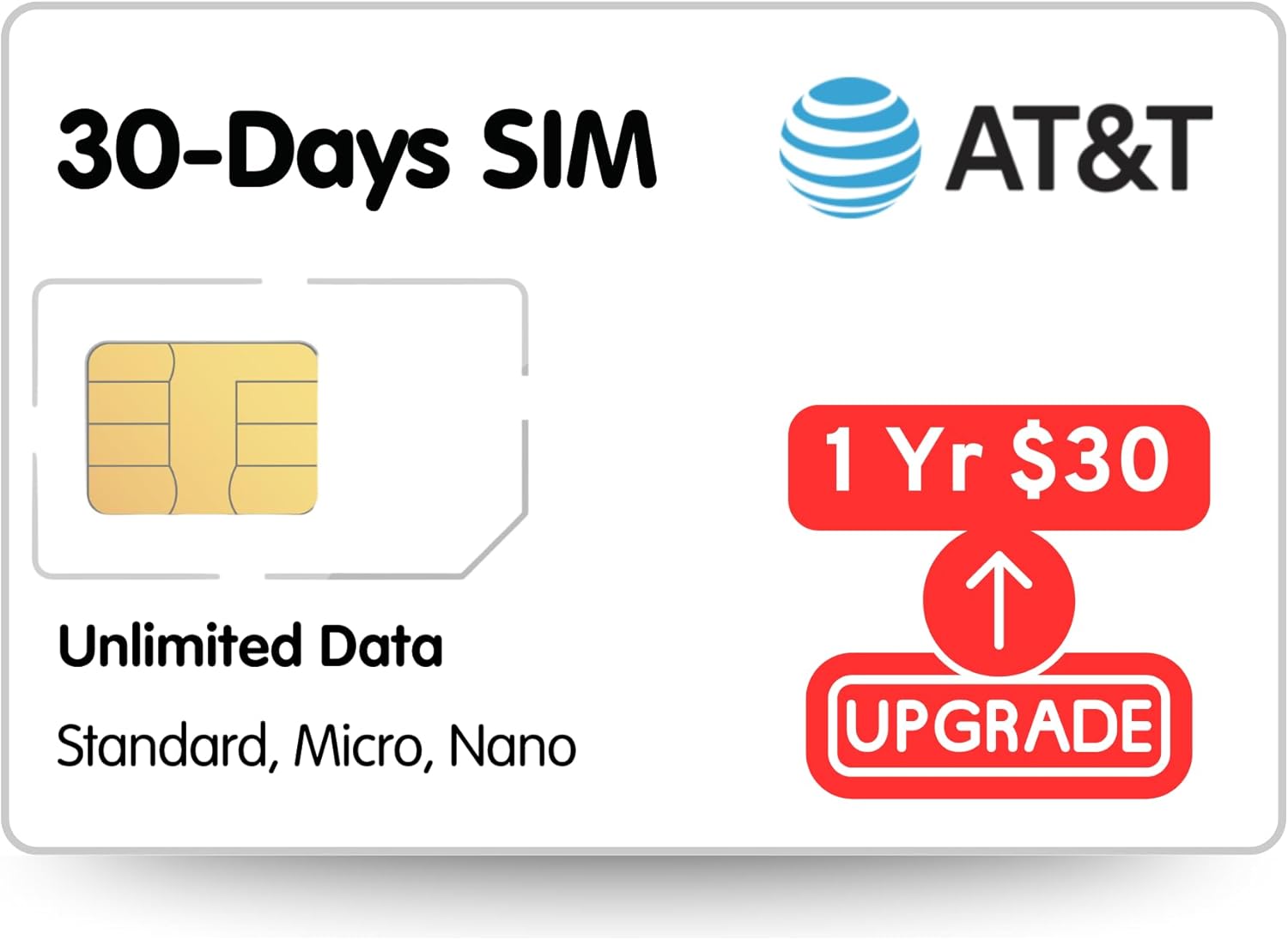 Unlimited Data SIM (30 Days @128kbps), AT&T Network, GPS, POS, Vending, Smartwatch, Upgradeable to 1 Year