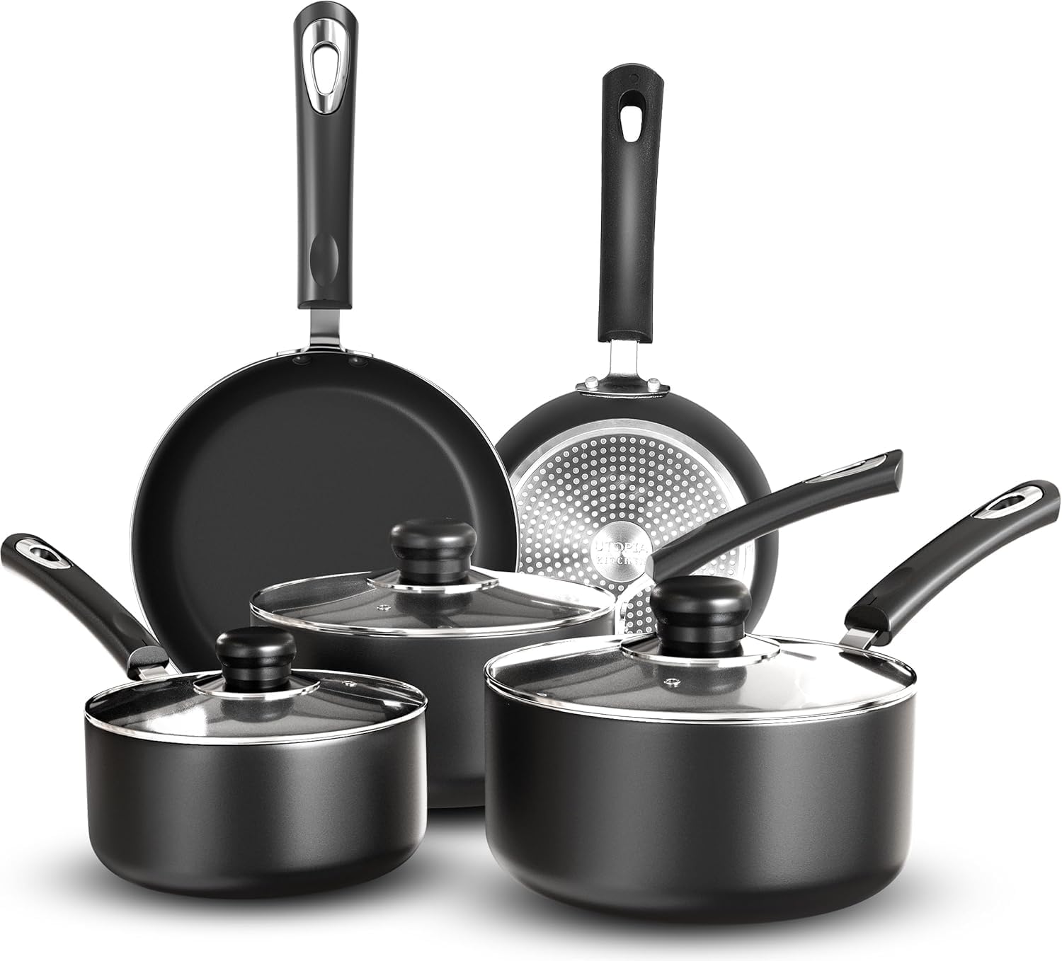 KICHLY Set of 5 Non-Stick Pots and Pans Cookware Suitable for Induction Hob with 20cm, 28cm Frying Pans and 20cm, 22cm Saucepans Set with Lids (Black)