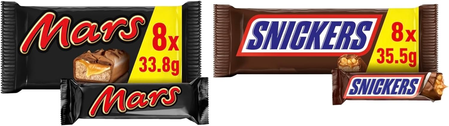 Mars and Snickers Chocolate Bars, Pack of 8 Bars (16 Total)