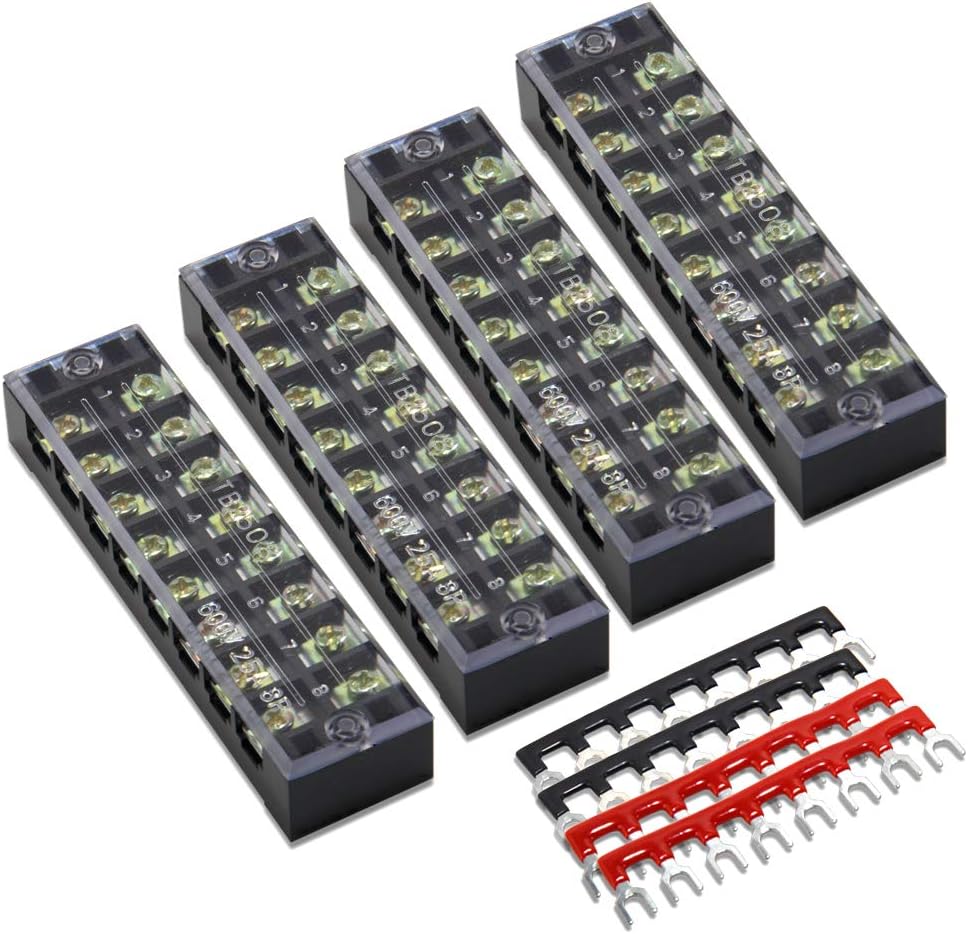 MILAPEAK 8pcs (4 Sets) 8 Positions Dual Row 600V 25A Screw Terminal Strip Blocks with Cover + 400V 25A 8 Positions Pre-Insulated Terminals Barrier Strip (Black & Red)
