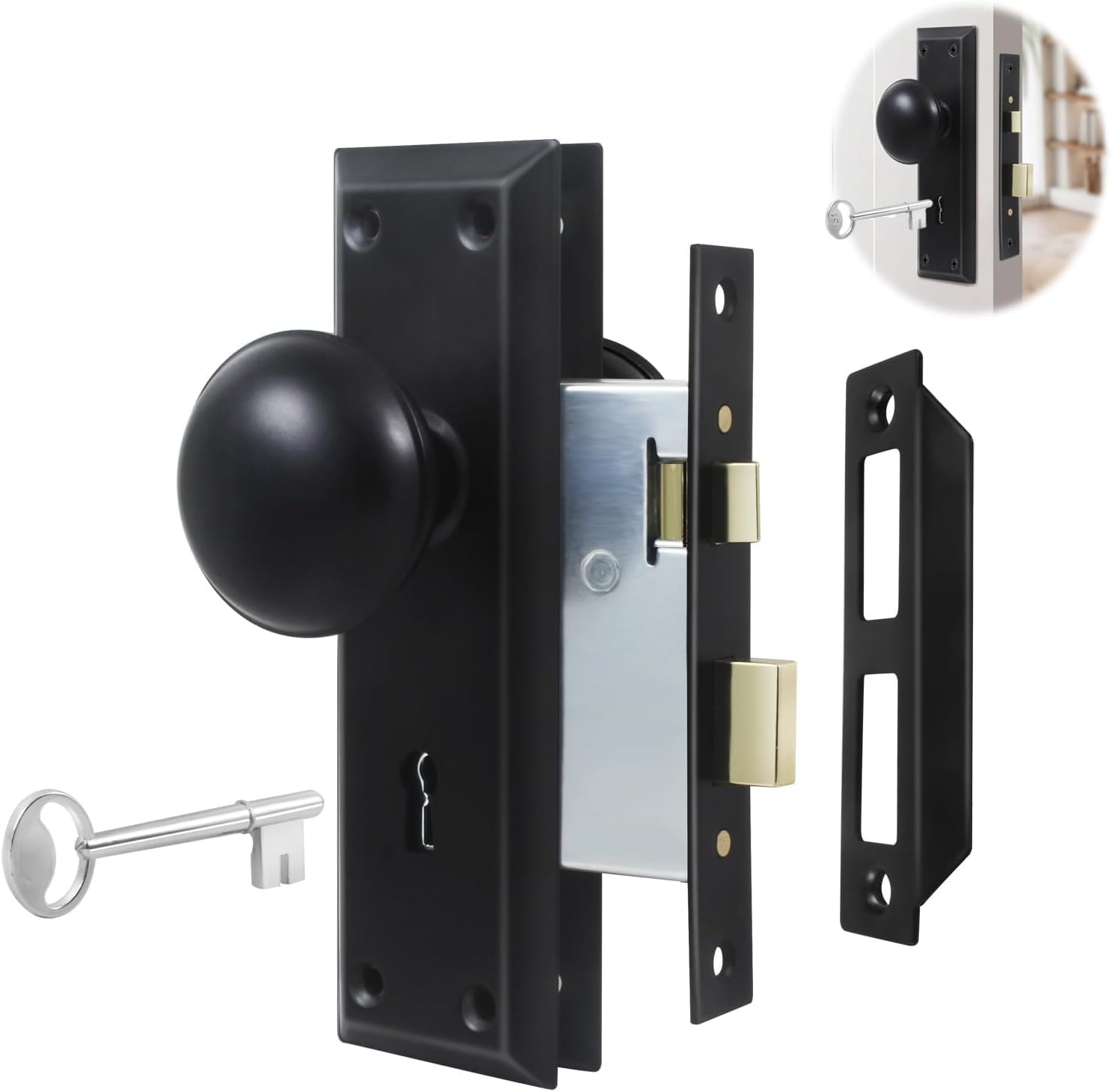 Mortise Lock Set for Interior Doors - 1 Pack Matte Black Door Knob with Skeleton Key, Vintage Door Knobs Interior with Lock, Fits 1-3/8" to 1-3/4" (35-45mm) Old Door Replacement Hardware