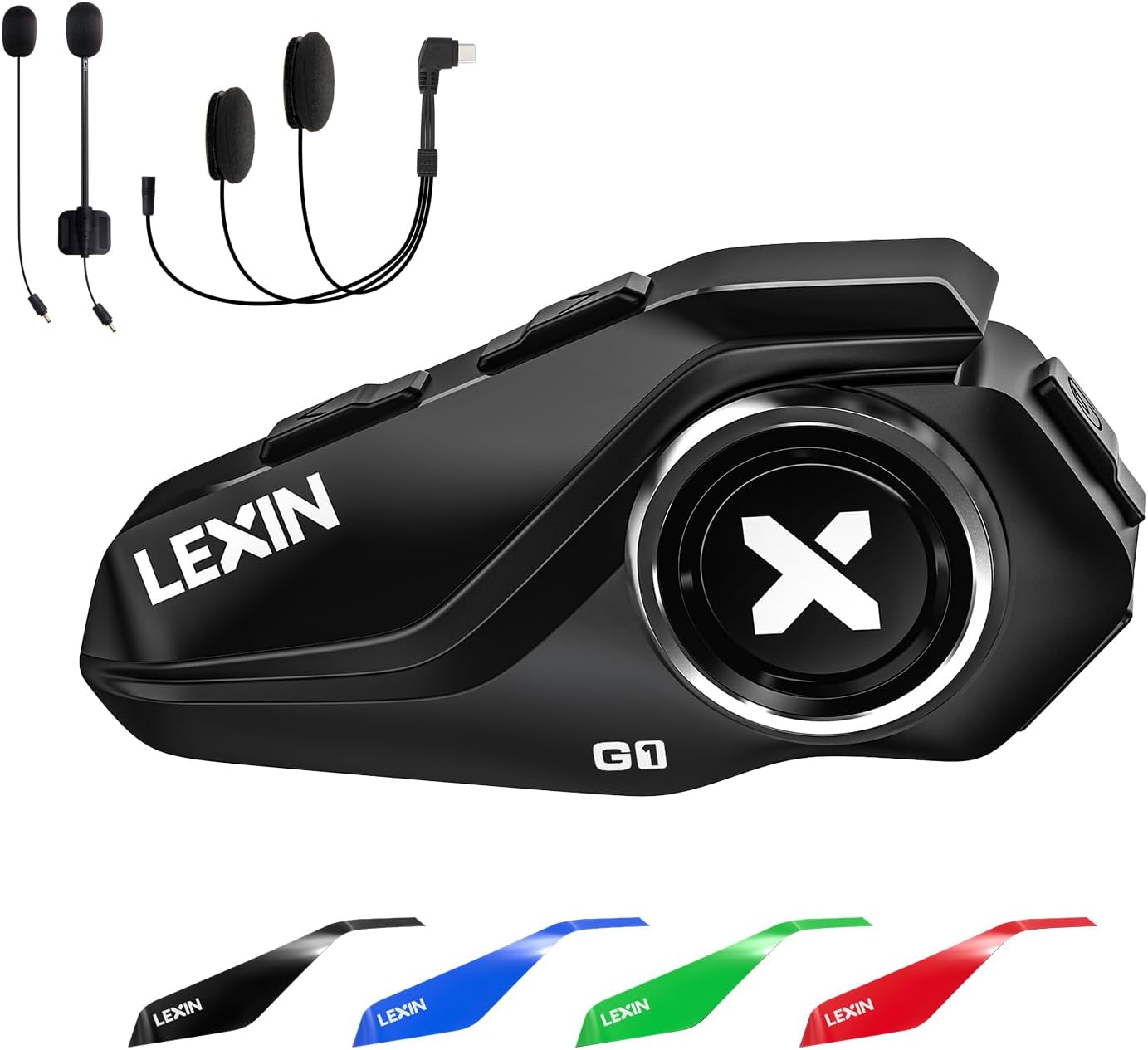 LEXIN G1 Motorcycle Bluetooth Headset, Helmet Speakers with 2 Type Mics, Hands-Free Call/Music/GPS, IP67 Waterproof Motorcycle Headphones with HD Stereo Loud Sound, 4 Color Faceplates, Single Use