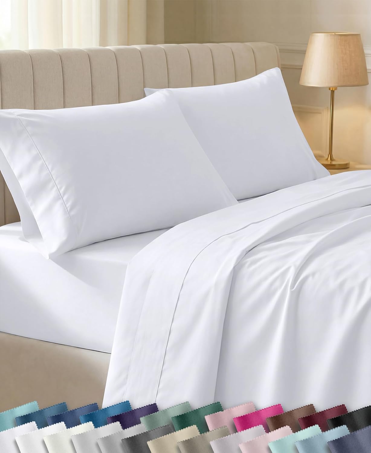California Design Den Soft 100% Cotton Sateen Queen Bed Sheets Set, White | 400 Thread Count Backed by Good Housekeeping Seal, 16" Deep Pocket, All-Around Elastic, Durable, Easy Care