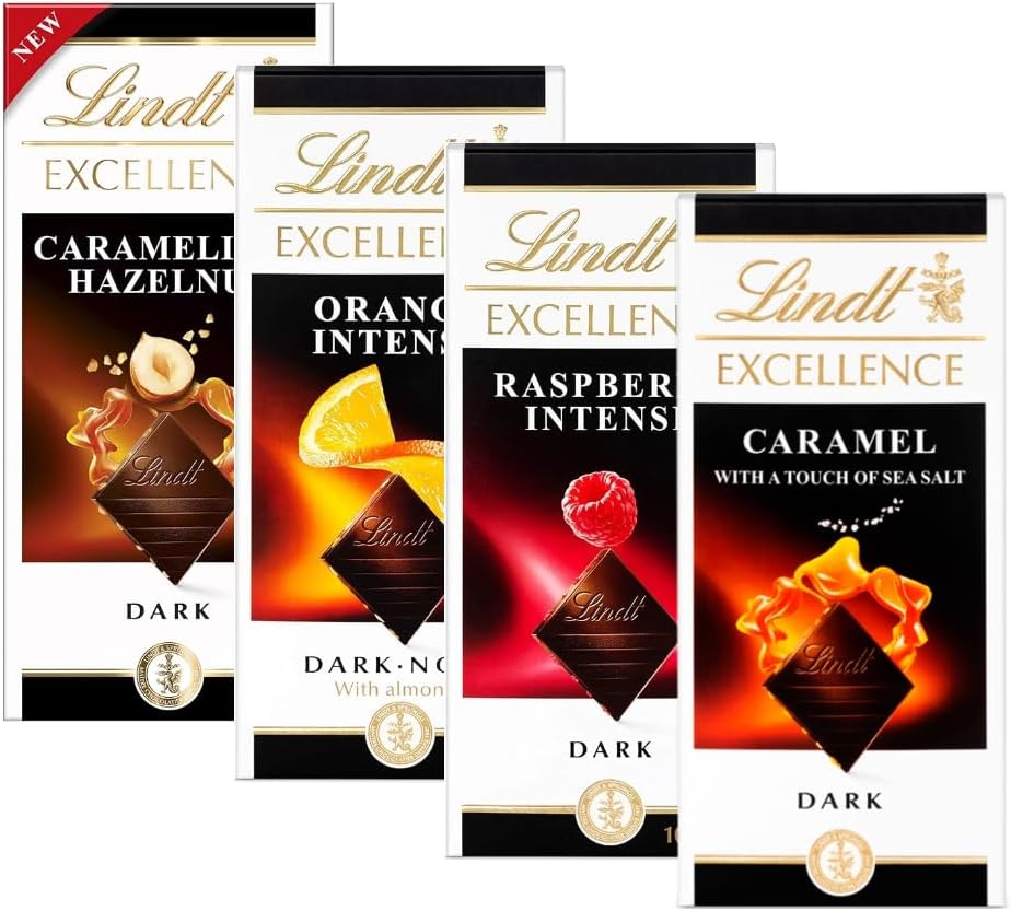 Excellence Dark Lindt Chocolates Bars Multipack - Pack of 4 x 100g Orange, Raspberry, Caramel Sea Salt & Hazelnut Bars & Topline Card. Chocolate Gift for Christmas Stocking Fillers, Birthday Gifts