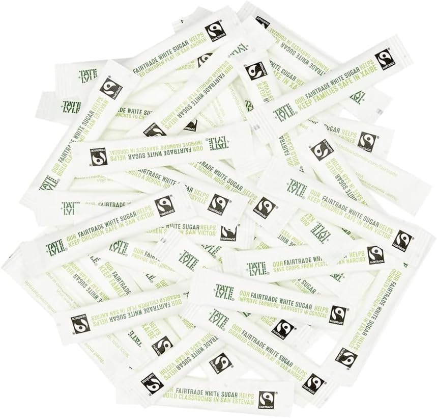 100 Fairtrade White Sugar Sticks – Individual Packets for Tea & Coffee | Premium Quality Sugar Sachets for Home Office Business & Travel | Letterbox Friendly | Single-Serve Sweetener Packed by Pastiko