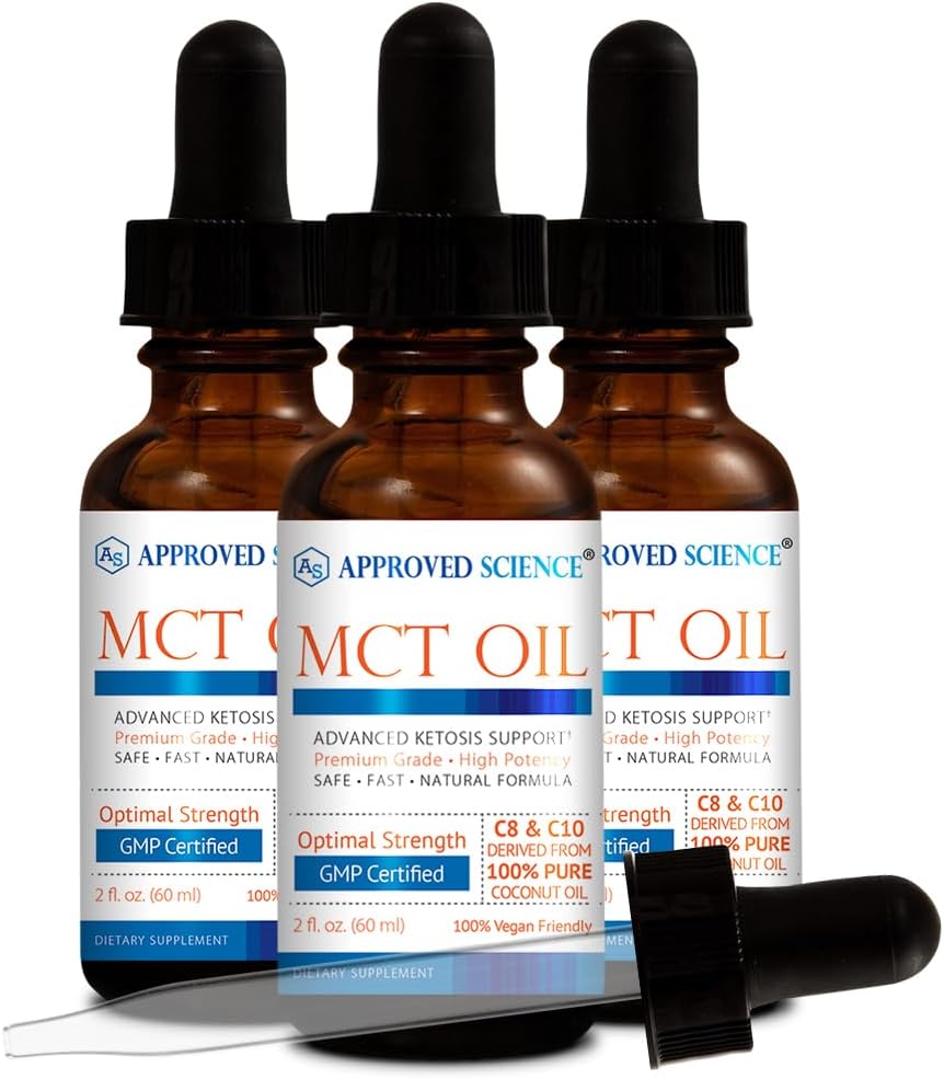 Approved Science® MCT Oil - Pure Medium-Chain Triglyceride (MCT) Oil derived from Coconuts with Caprylic Acid (C8) and Capric Acid (C10) - Vegan, 60 ml - Pack of 3