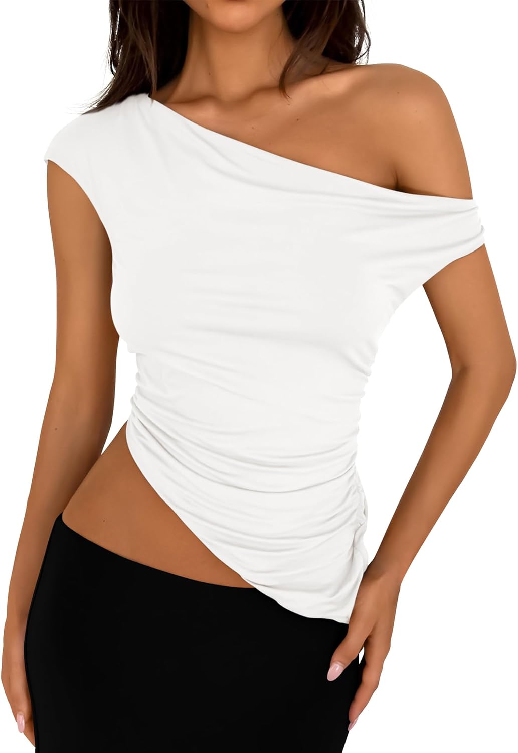 PRETTYGARDEN Womens Off The Shoulder Tops 2025 Summer Sleeveless One Shoulder Ruched Asymmetrical Y2K Going Out Crop Tank Top