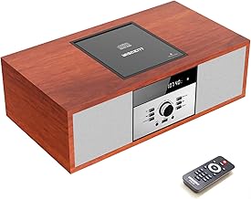 Nostalgic Bluetooth Stereo System for Home, WISCENT Vintage Micro HiFi Systems CD Player,with Bluetooth Audio Streaming,FM Radio,USB Port,Aux-in,Earphone Port (Brown)