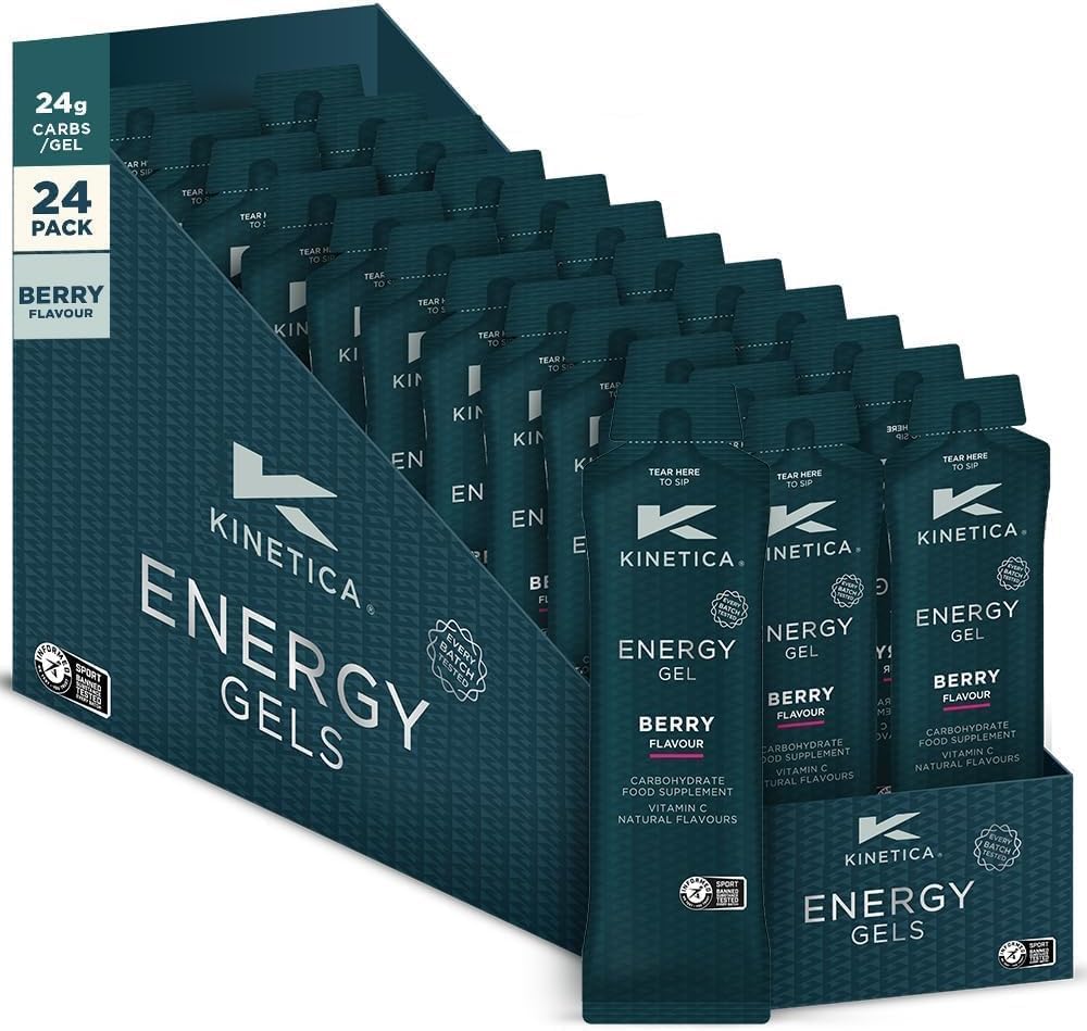 Kinetica Sports Caffeine Free Quick Release Energy Gels - Berry Flavour | 24g Carbohydrates/Serve | 24 x 70g Pack | Vegan & Gluten-Free | Fast Acting Energy Source | Boost Energy & Easy to Digest