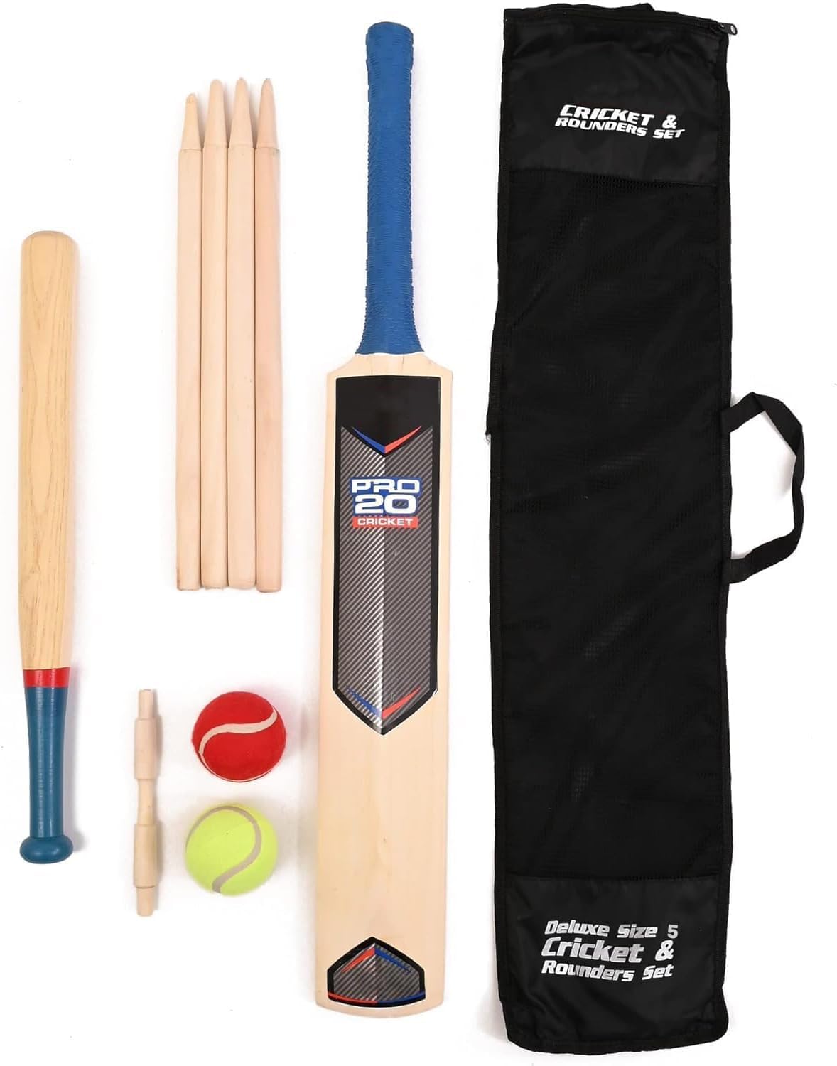 Unibos Size 5 Cricket Set And Rounder Set With Mesh Carry Bag Outdoor Garden Games Fun for All the Family Suitable For Both Kids Adults To Use Camping and Holiday