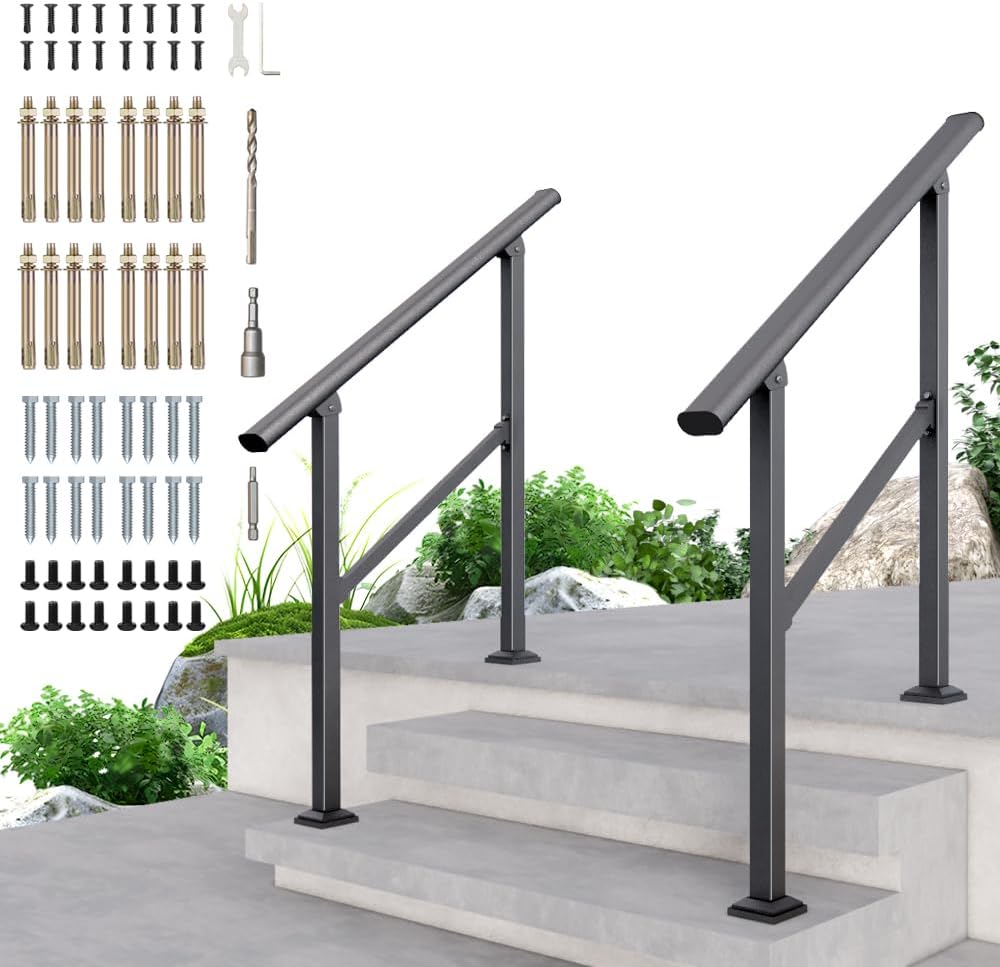 DIYHD 3 Step Handrail for Outdoor,Powder Coated Iron Stair Railing,Black Hand Rails for Indoor, Porch,Deck,2 Pack