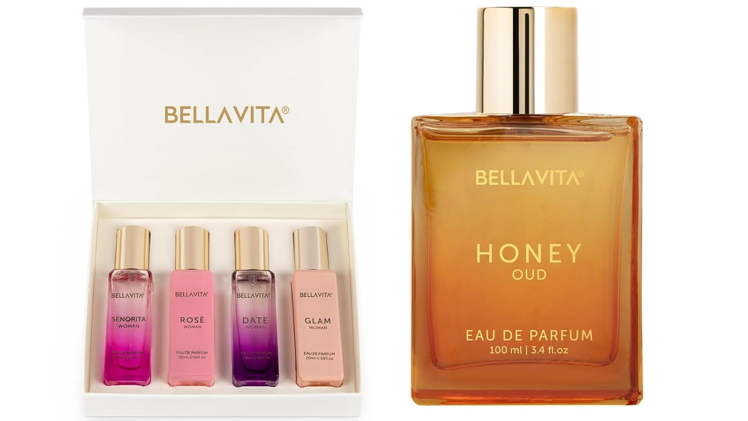Bella Vita Luxury Gift Set Combo For Women's - Honey Oud & Women's Gift Set | Vannila, Floral, Bergamot, Sweet & Spicy | Long Lasting Perfume for Women | Vegan & Cruelty Free - (4 * 20 ml + 100 ml)