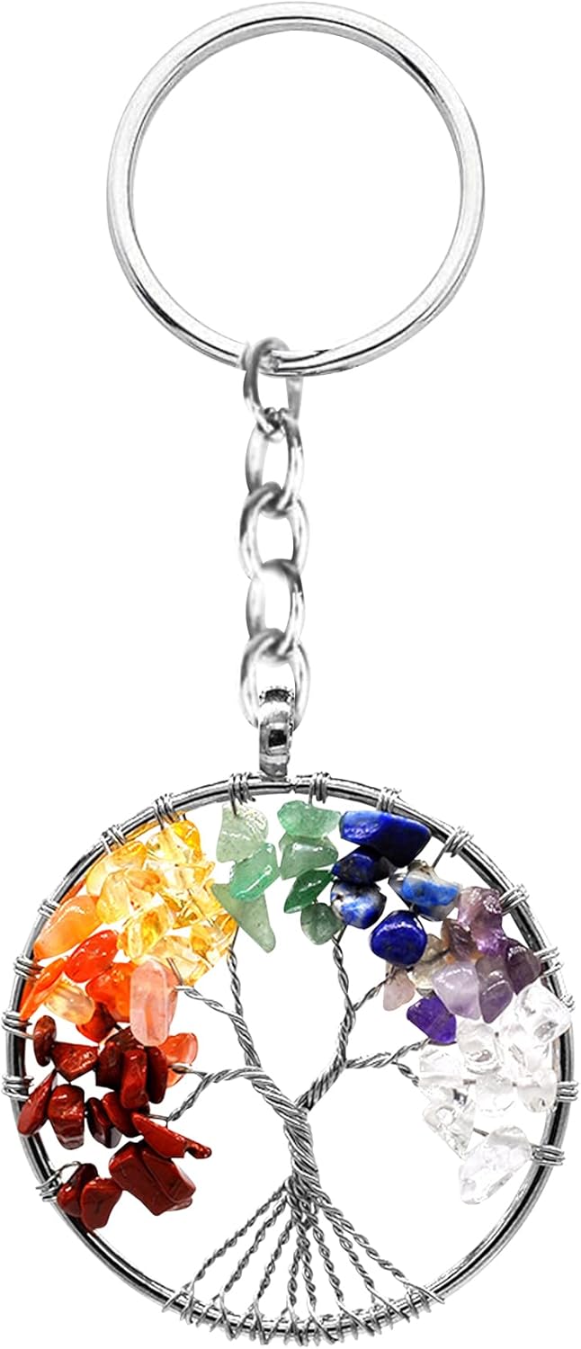 MYBOTA Tree of Life Keyring 7 Chakra Healing Crystal Tumbled Stone Natural Gemstone Car Key Chain Reiki Healing Keychain for Friendship Women Men Girls Bikes Home