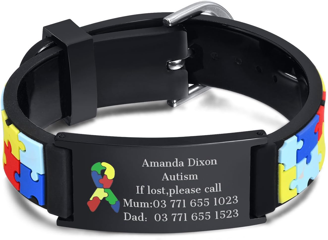 Personalised Child Safety ID Wristband - Engraved Name Contact Number Emergency Medical Bracelet for Autism Kids, Customised Anti Lost ID Wristband for Children Boys Girls, Waterproof Adjustable