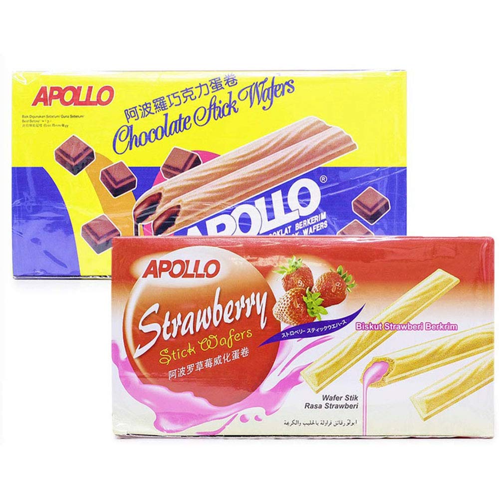 Apollo Malaysia Chocolate Strawberry Flavour Cream Wafer Biscuit Teatime Snack Halal Food Biscuit Biskut 11g (0.39 oz) x 30 packets (per box) (Strawberry)