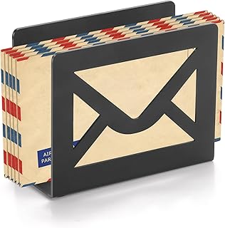 Desktop Metal Mail Holder,Modern Black Letter Organizer for Desk with Cutout Envelope Design,Home and Office Envelope and Document Storage Rack (Black)
