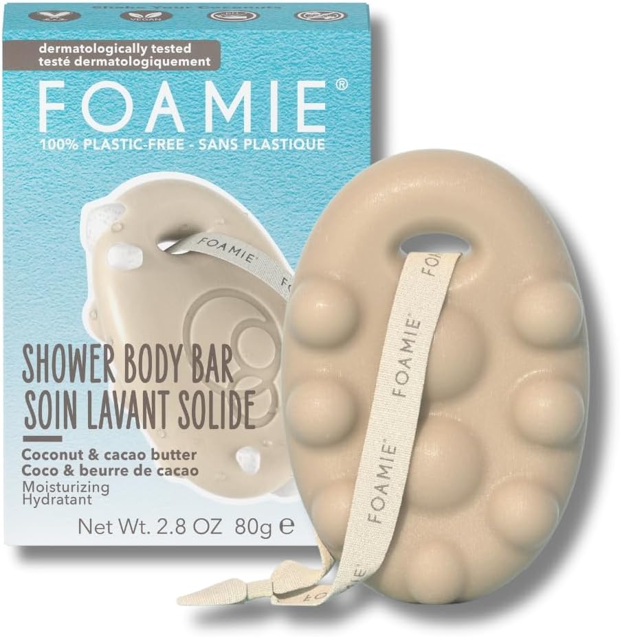 Foamie Solid Body Wash I Body Soap Bar with Coconut & Cocoa Butter I Soothing & Nourishing Skincare with Massage Beads I 100% Vegan & Plastic-Free I 80g