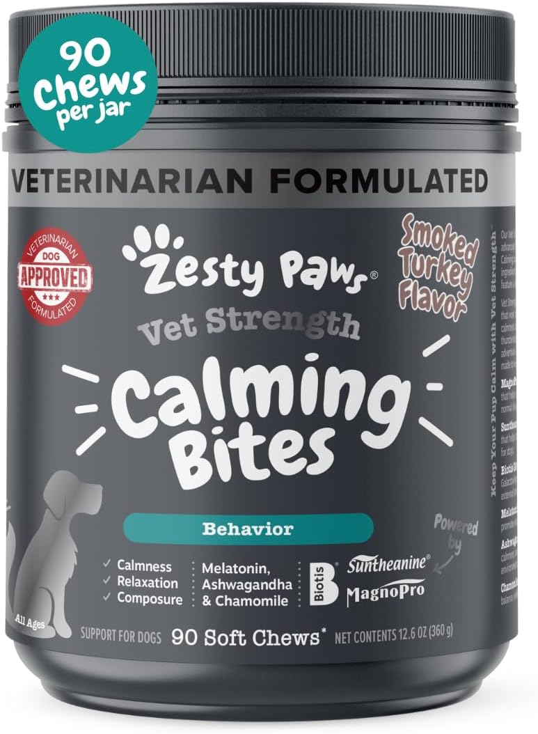 Zesty Paws Calming Chews for Dogs - Dog Calming Chews with Melatonin for Dogs Composure & Relaxation - Calm for Dogs Everyday Separation Stress & Nervousness - Vet Strength, Smoked Turkey - 90ct