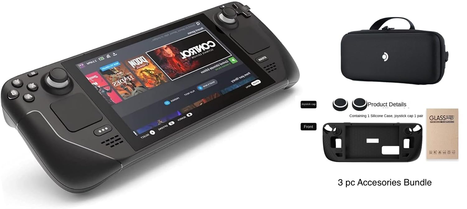Valve Steam Deck 2TB Upgraded Handheld Gaming Console with Carring case, 1280 x 800 LCD Display Silicone Soft Cover Protector & Joystic Cap & Tempered Glass Film Bundle