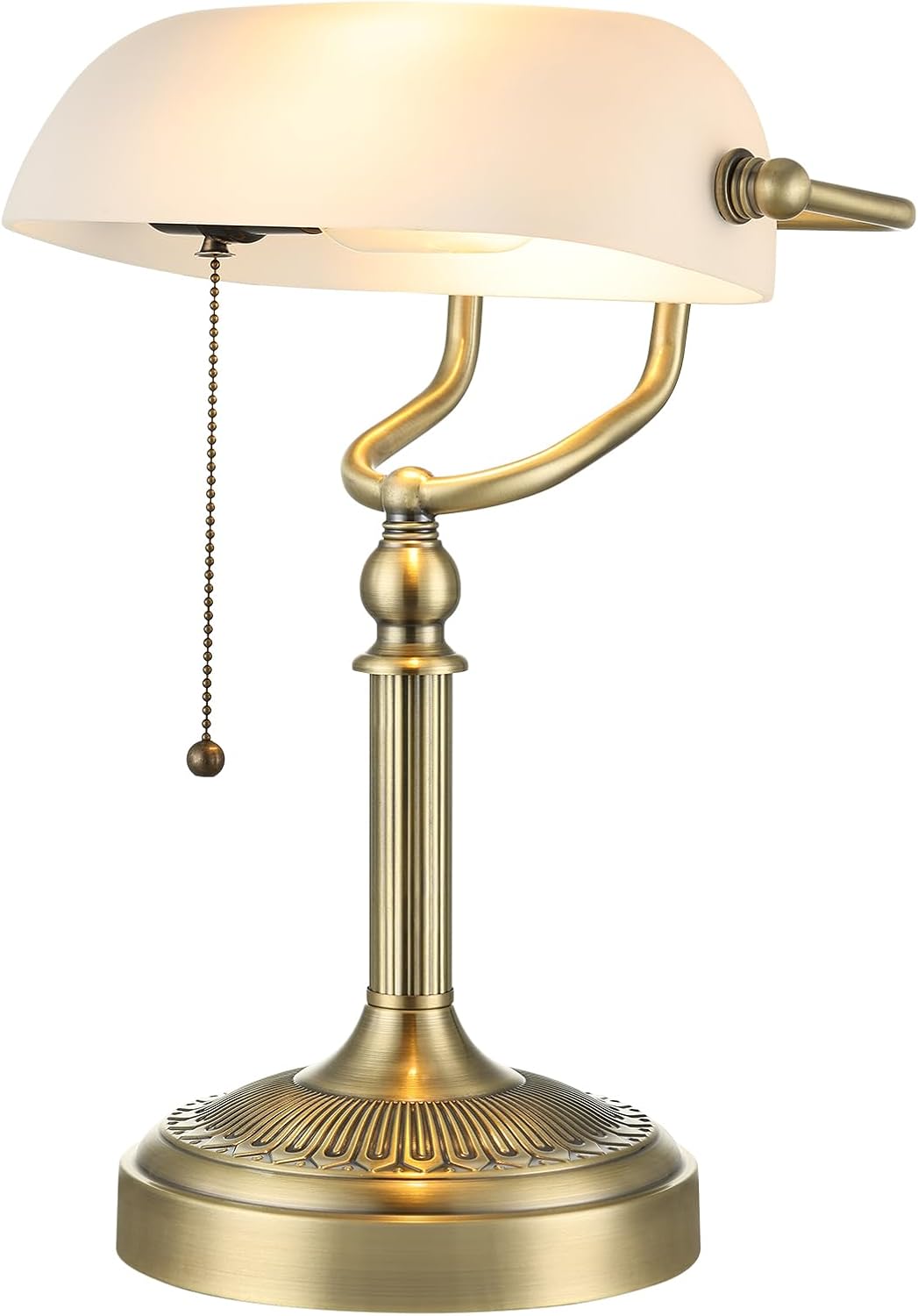 White Matted Glass Bankers Desk Lamp,Plug in | Pull Chain Switch Fixture