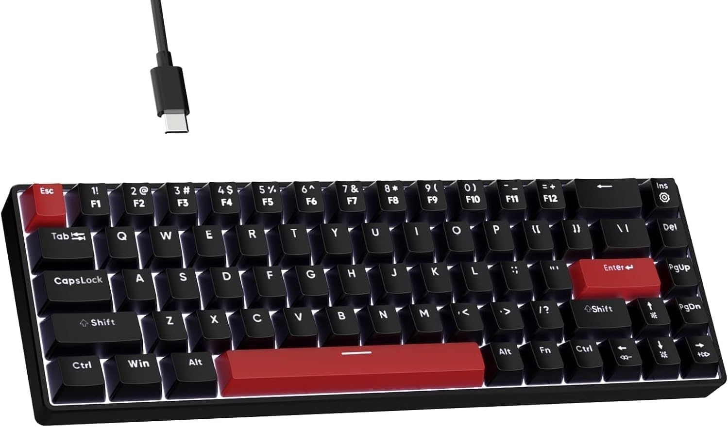 FFJ Portable 60% Mechanical Gaming Keyboard, Anti-ghostin, White LED Backlight, Compact 68 Keys Mini Wired Keyboard with Linear Red Switch for Windows Laptop PC Mac Gamer - Black
